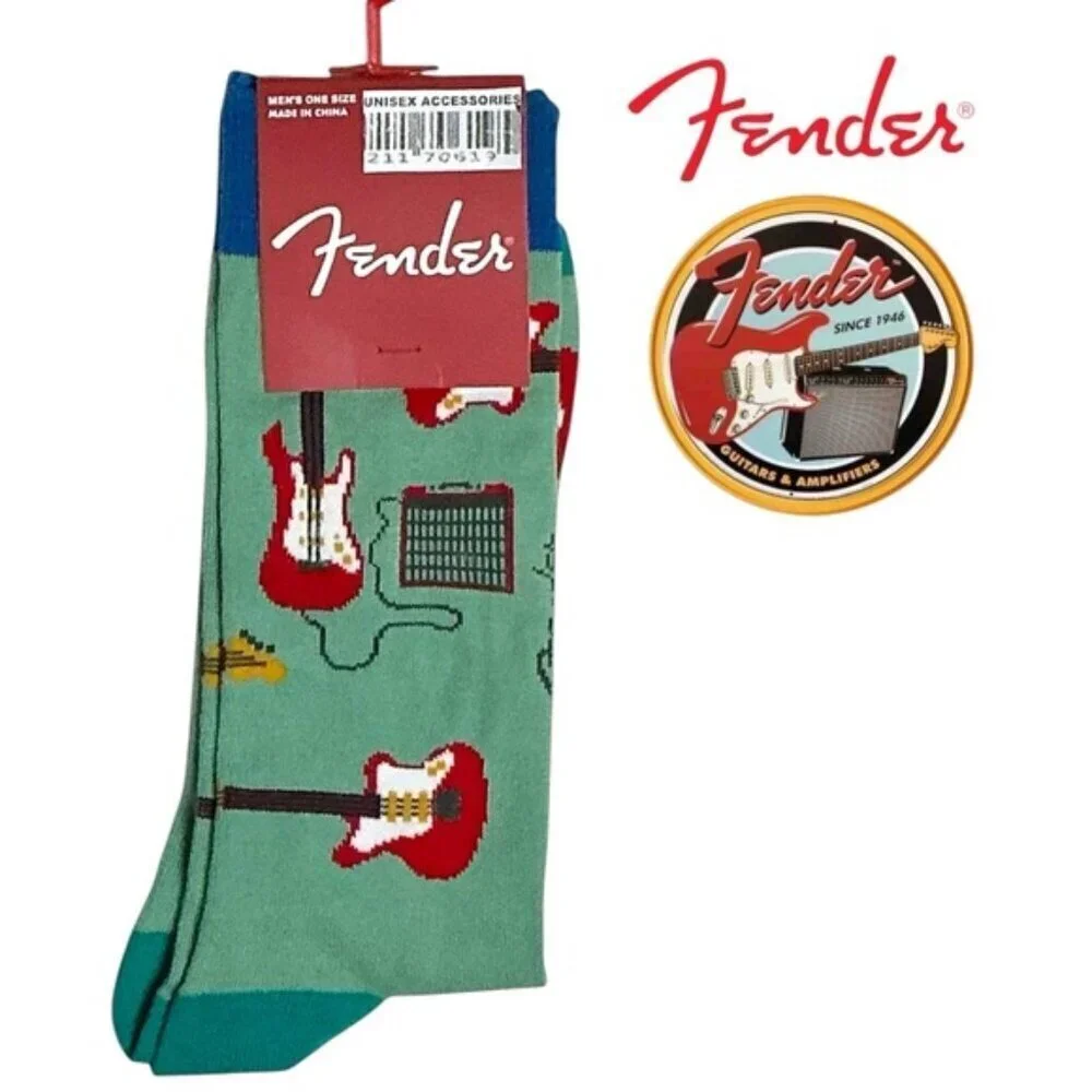Fender Guitar Crew Socks Novelty Print Seafoam Green Blue Red Unisex Mens 7-12